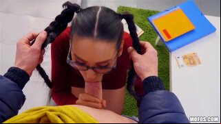 I was walking down the street, heading home when I noticed this smoking hot chick with beautiful braids hanging outside my building. I recognized her from our college as we were both studying the English language. After talking to this tempting teen for a